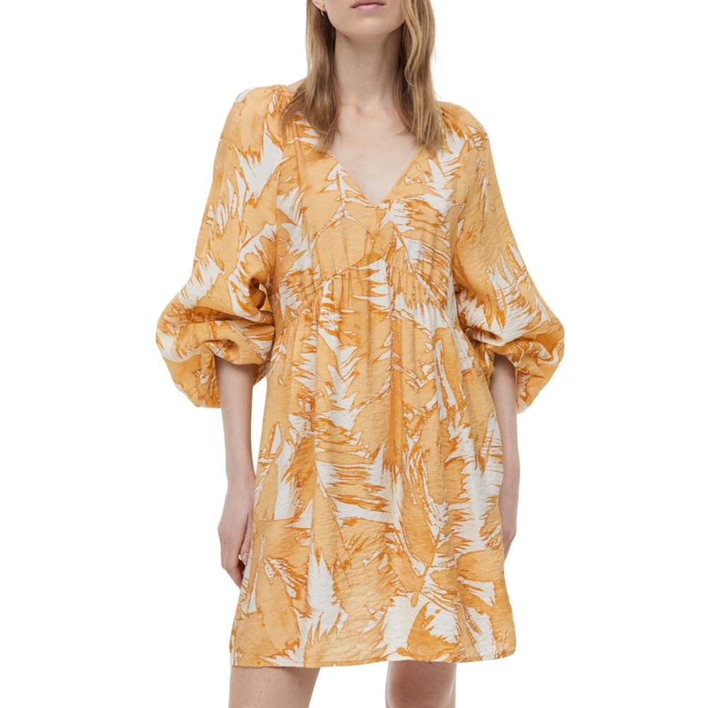 H&M Mini Dress Yellow White Pattern Balloon Sleeve V Neck Women's Size Small NWT